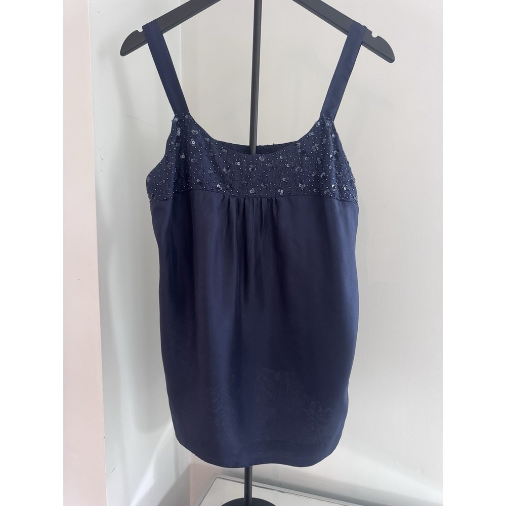 Eileen Fisher Silk Camisole Top Women's M Navy Beaded Sequin Tank